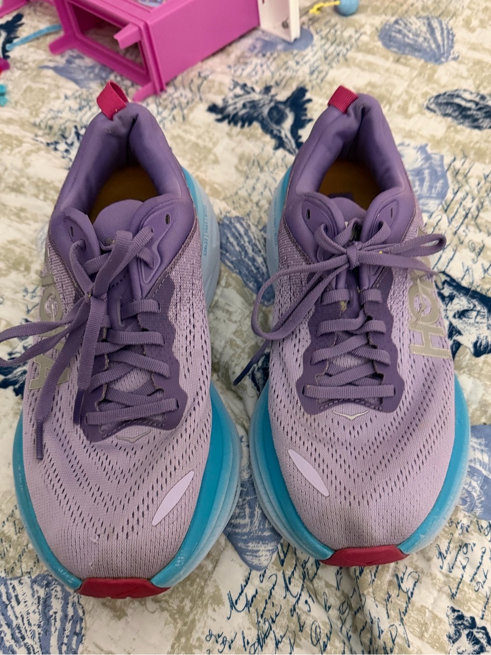 Hoka One One Lavender Mesh Running Shoes with Aqua Midsole and Pink Accents